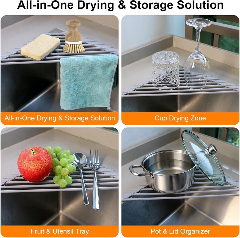 Seropy Corner Sink Caddy Kitchen Sink Organizer, Silicone Wrapped Triangle Roll Up Dish Drying Rack Over Sink Drainer Mat, Anti-Slip Sponge Holder Corner Shelf for RV Kitchen Sink Accessories Counter Storage - Image 5